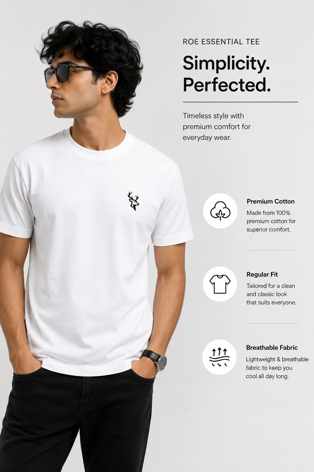 Roe embroidery Origin Tee – Premium White Regular Fit Cotton T-Shirt