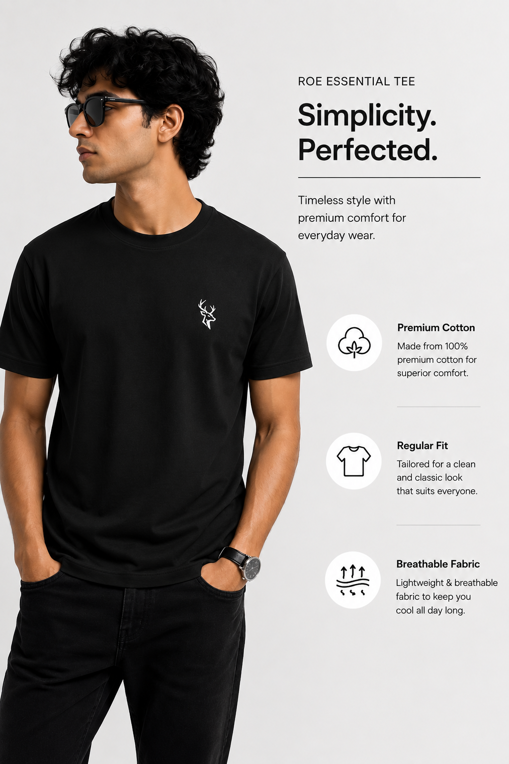 Roe embroidery Origin Tee – Premium  Black Regular Fit Cotton T-Shirt