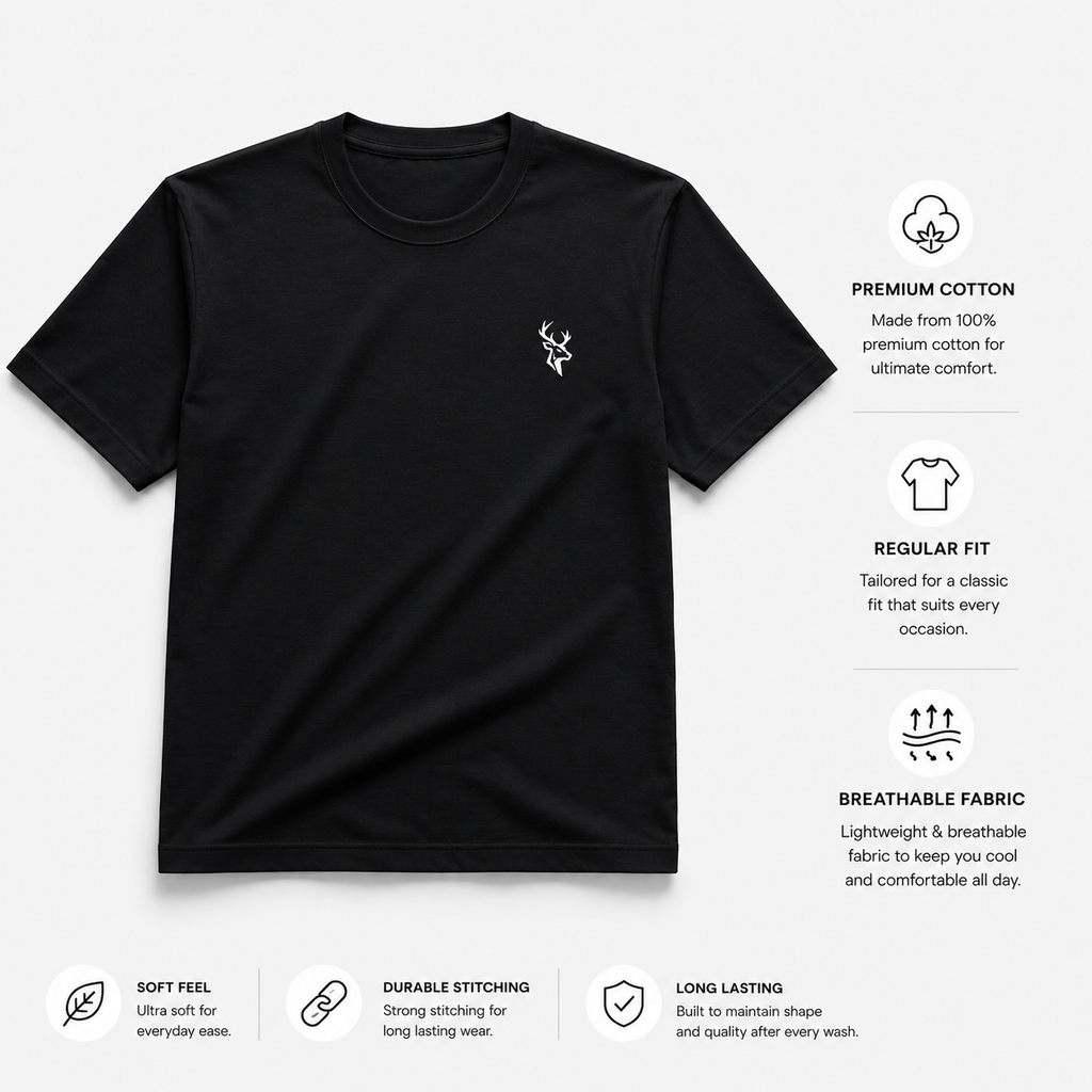 Roe embroidery Origin Tee – Premium  Black Regular Fit Cotton T-Shirt